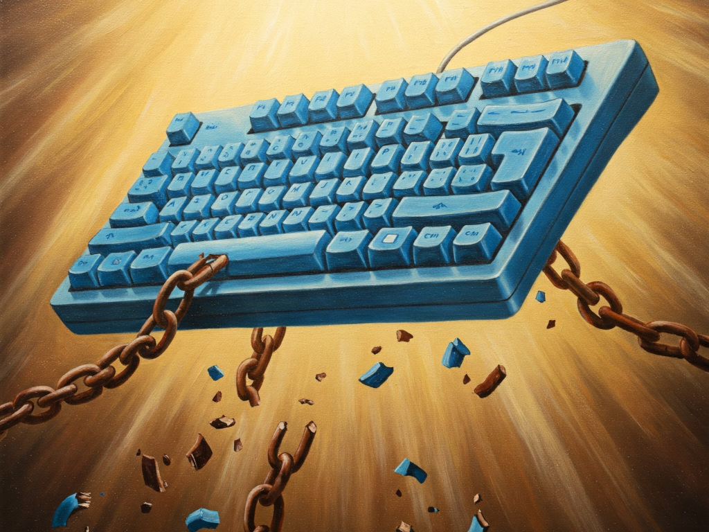 Keyboard breaking free of chains and rising into the light
